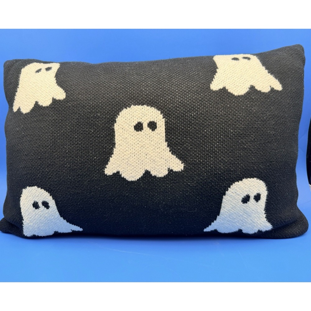Skull & Bones Halloween Ghost Throw Pillow 24x17 Black Cream Double Sided
